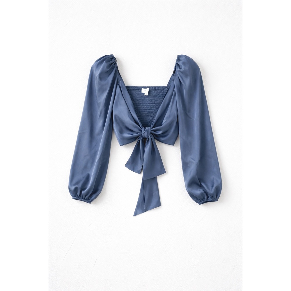 Mable Blue Satin Tie Front Crop Top Long Sleeve Puff Sleeve Back Tie Y2K Size S
